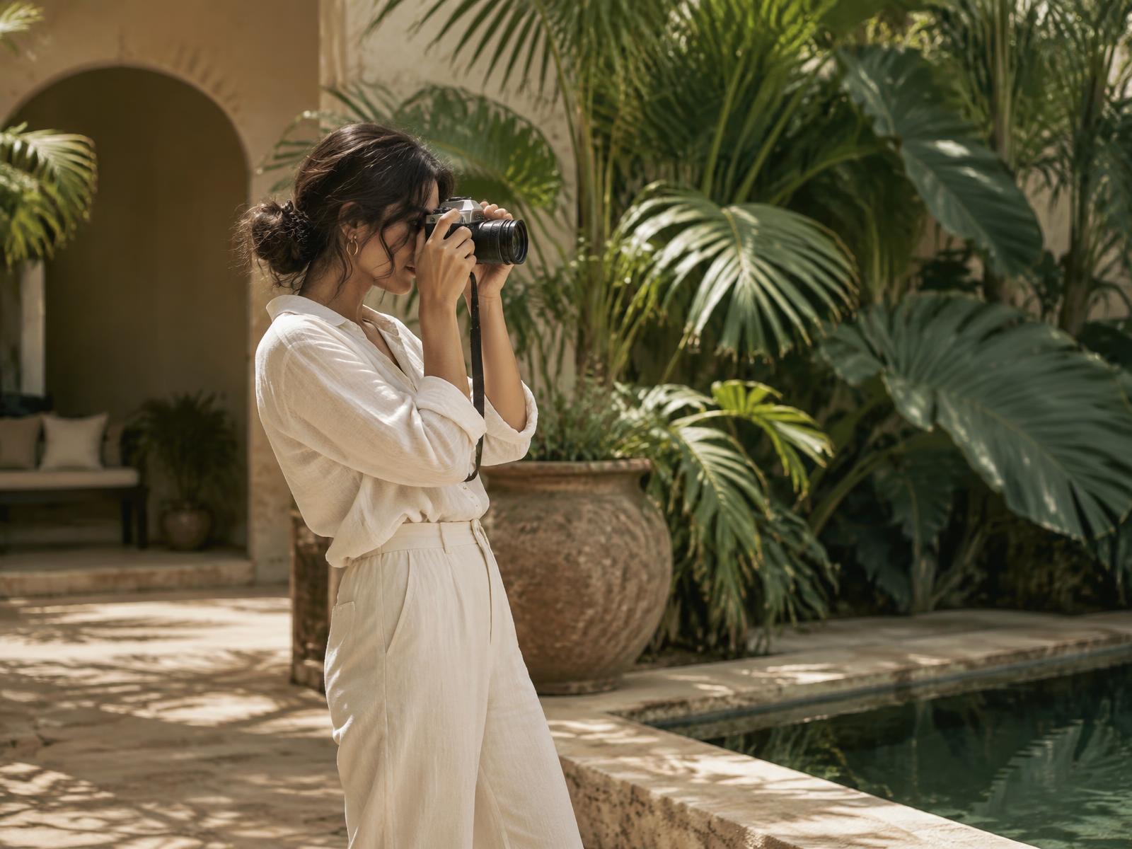 A creator photographing a botanical courtyard in warm natural light