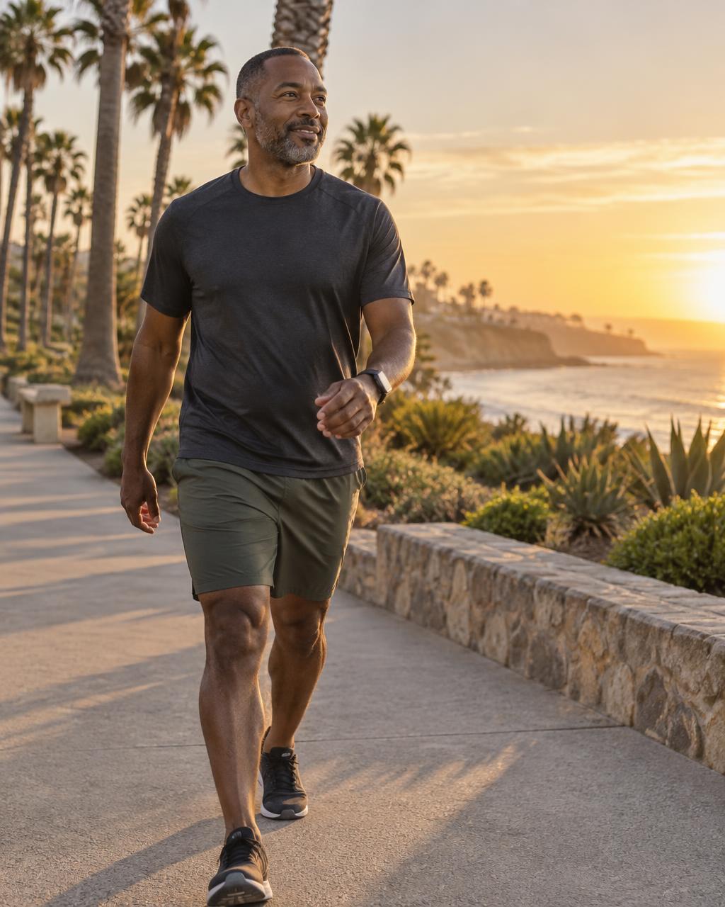 An active adult walking outdoors along a sunlit coastal path