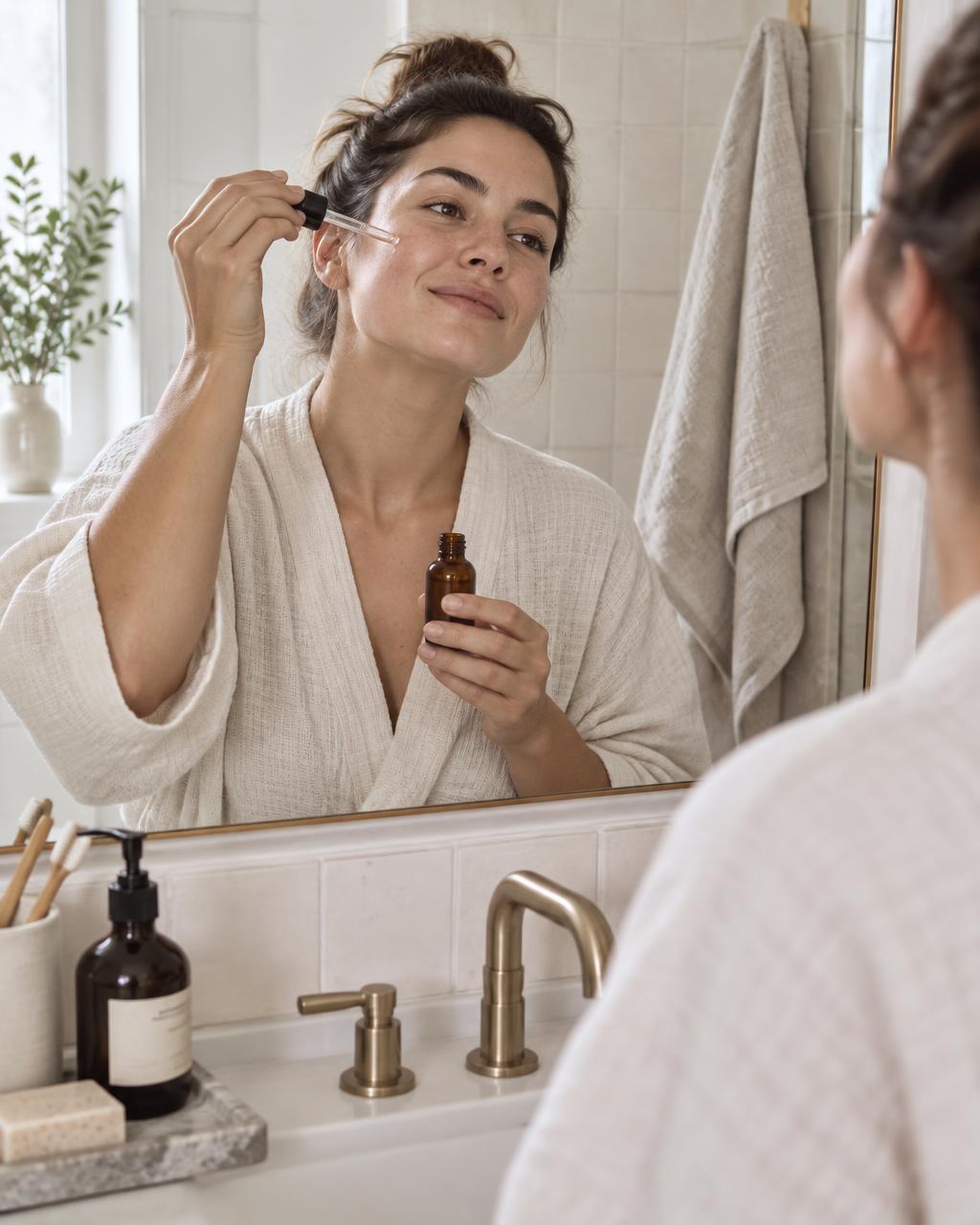 A person thoughtfully applying skincare at a softly lit bathroom mirror