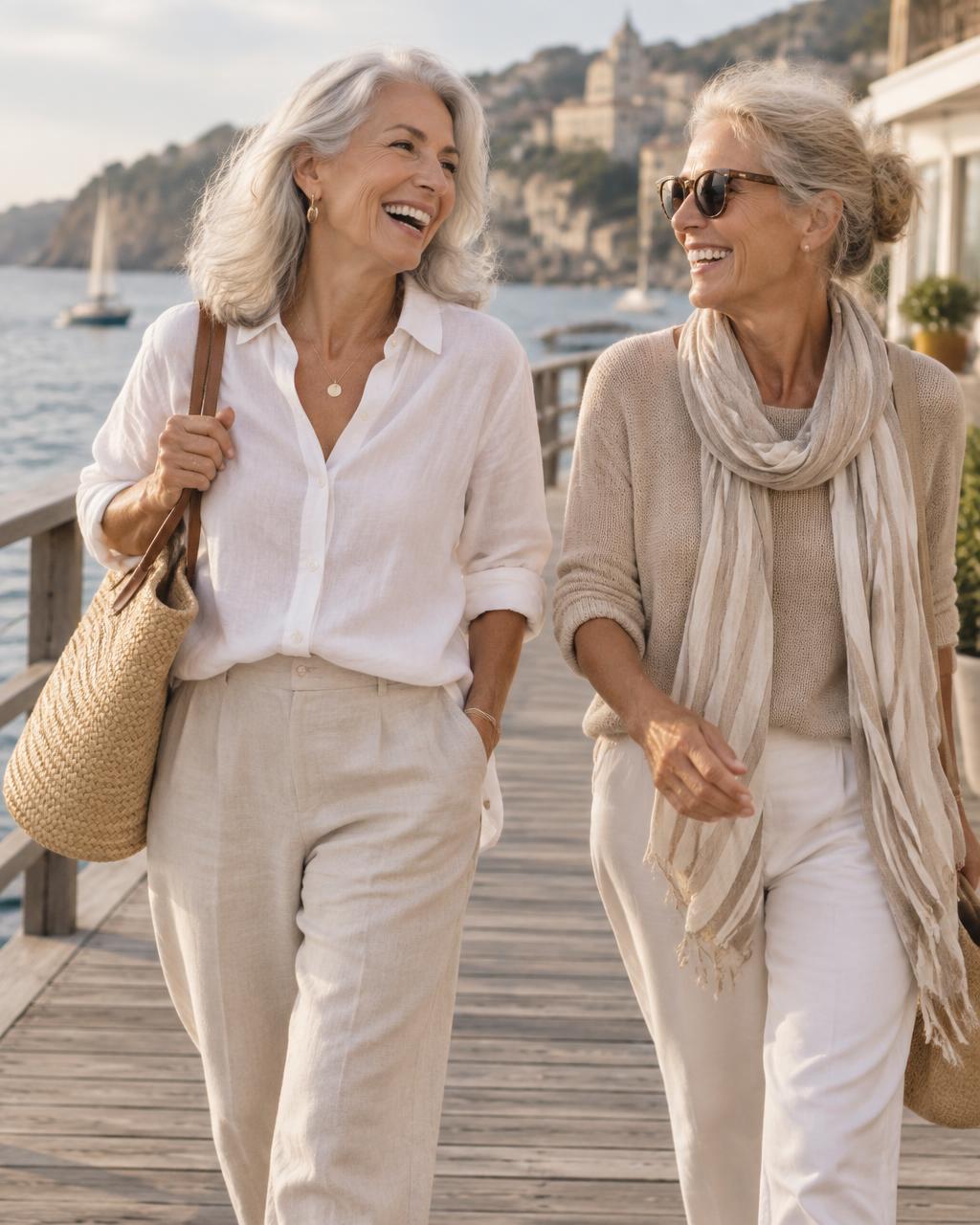 Confident mature friends enjoying an easy walk together on a coastal boardwalk