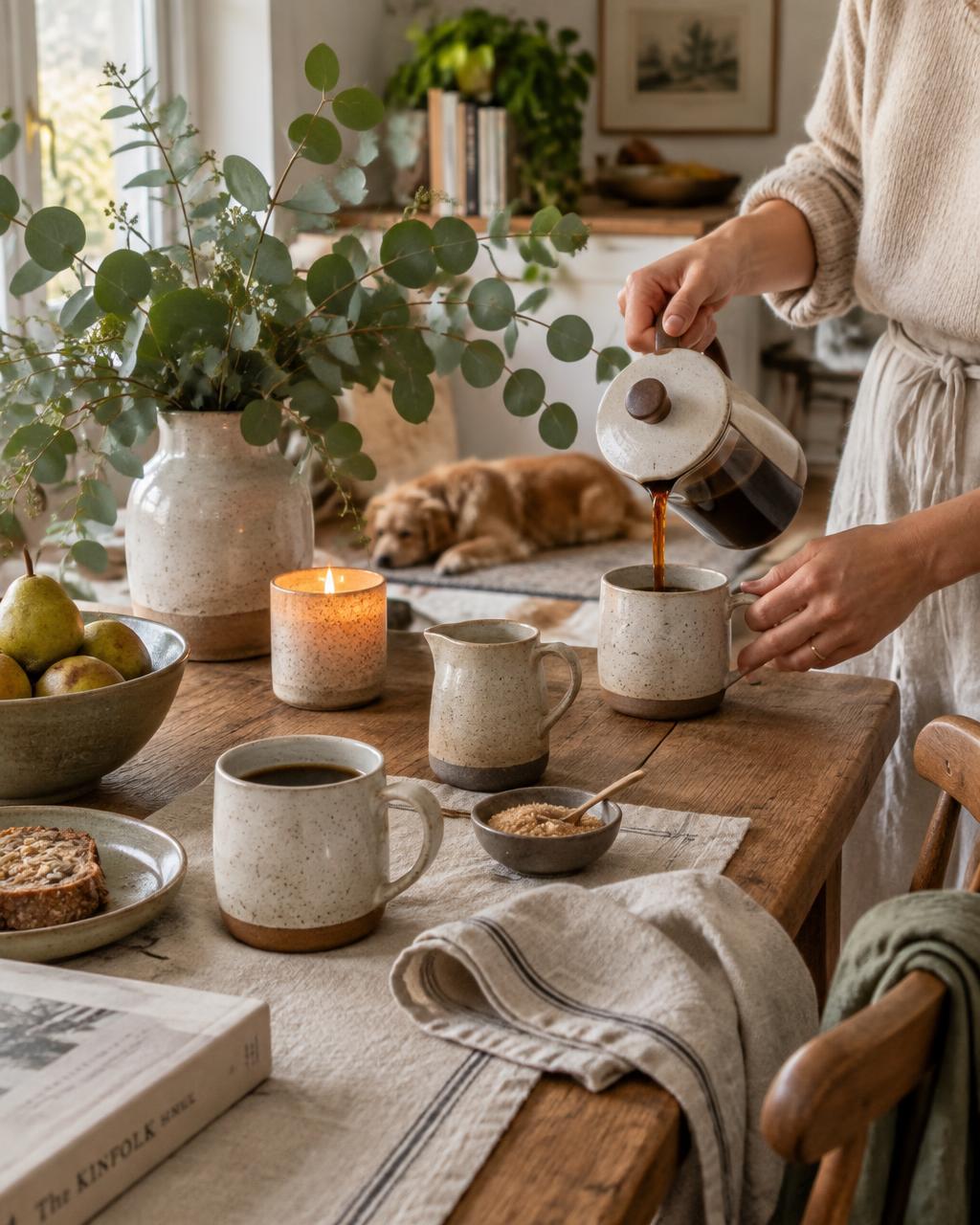 A warm dining table arranged with handmade ceramics, linen, and candlelight