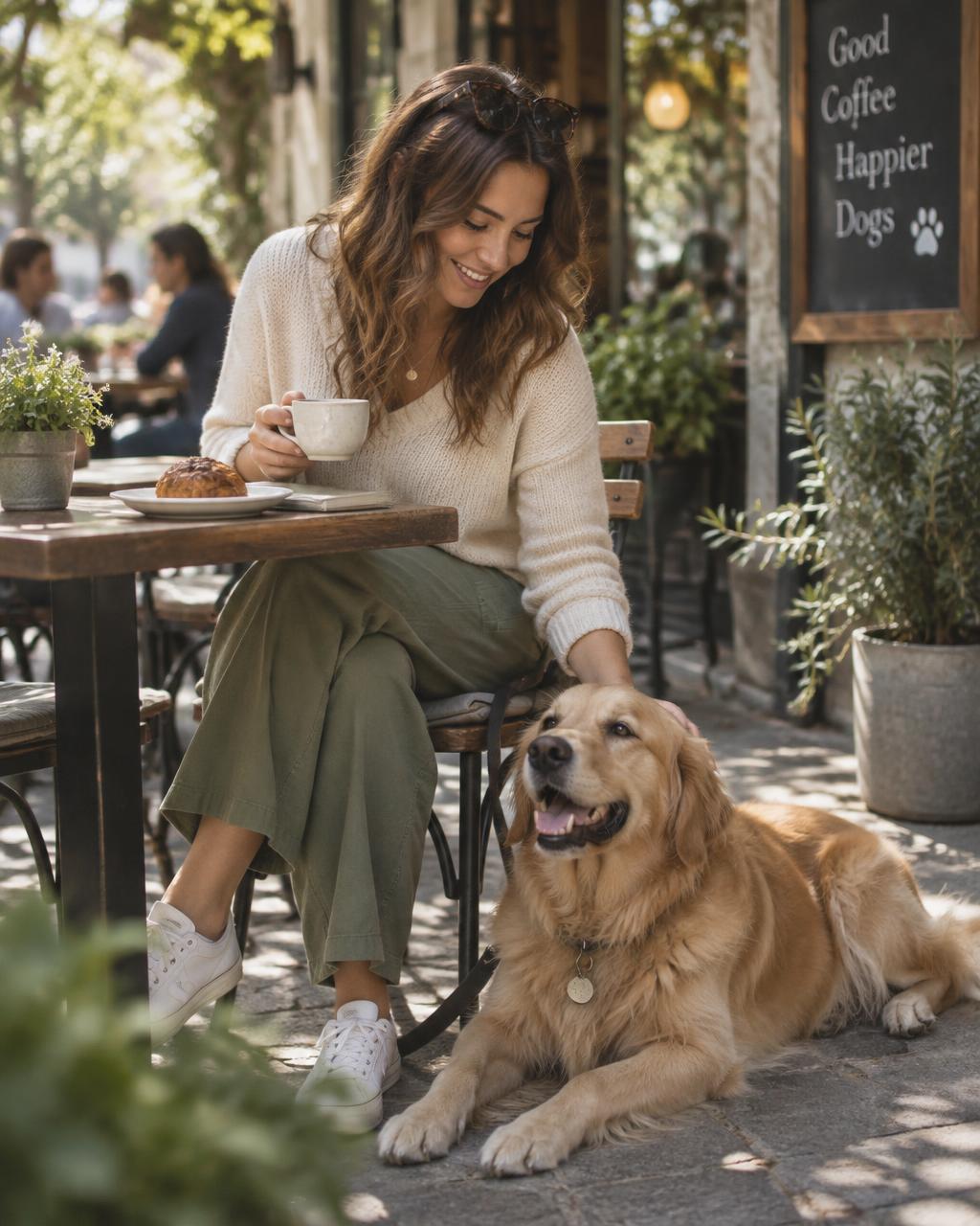 A dog and owner relaxing together at a sunny pet-friendly sidewalk café