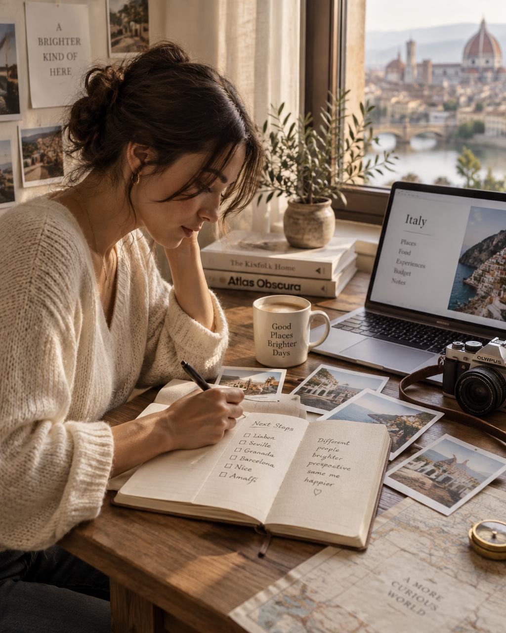A travel writer working in a notebook beside a laptop and coffee with scenery beyond