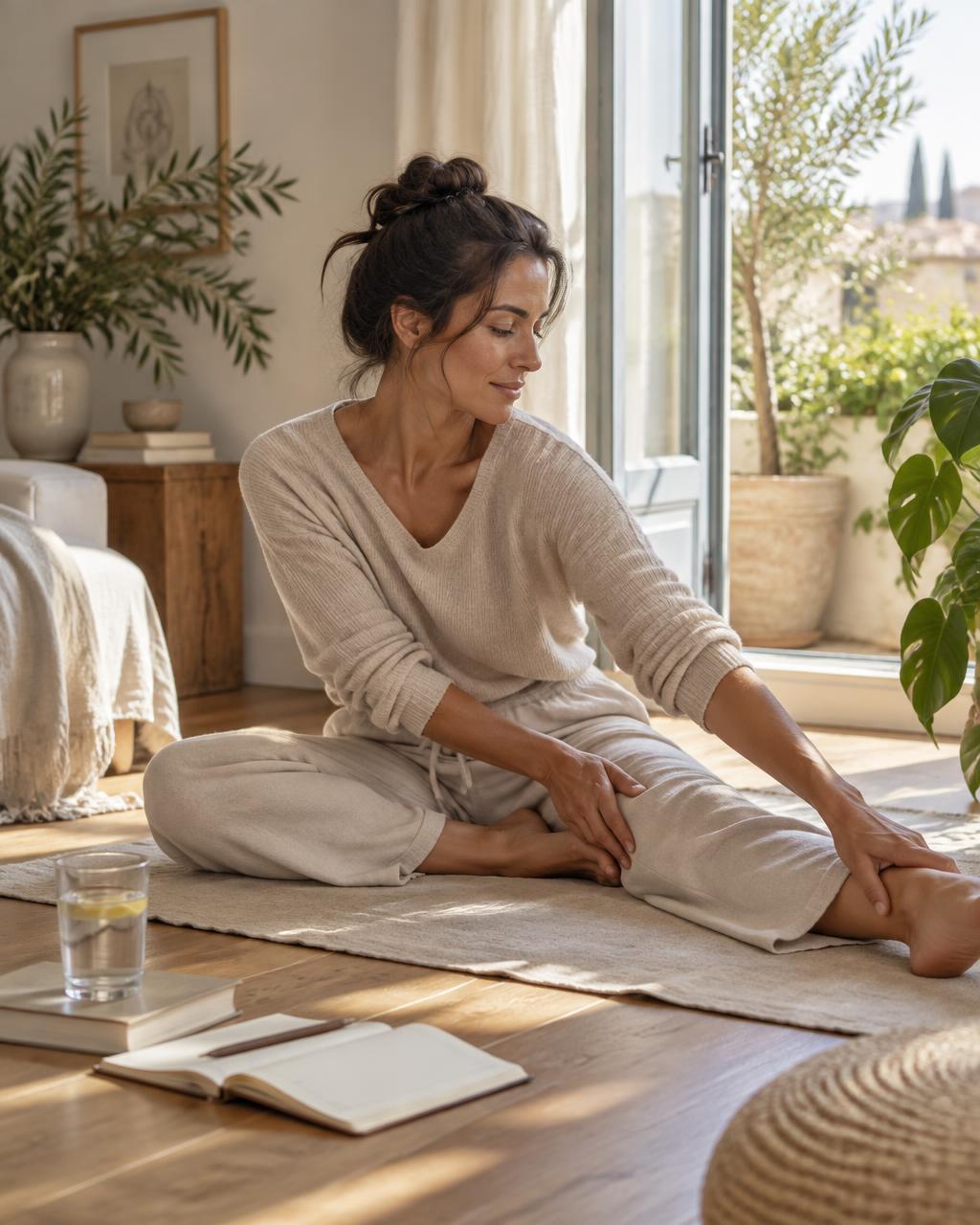A woman stretching beside an open window during a calm morning wellness routine